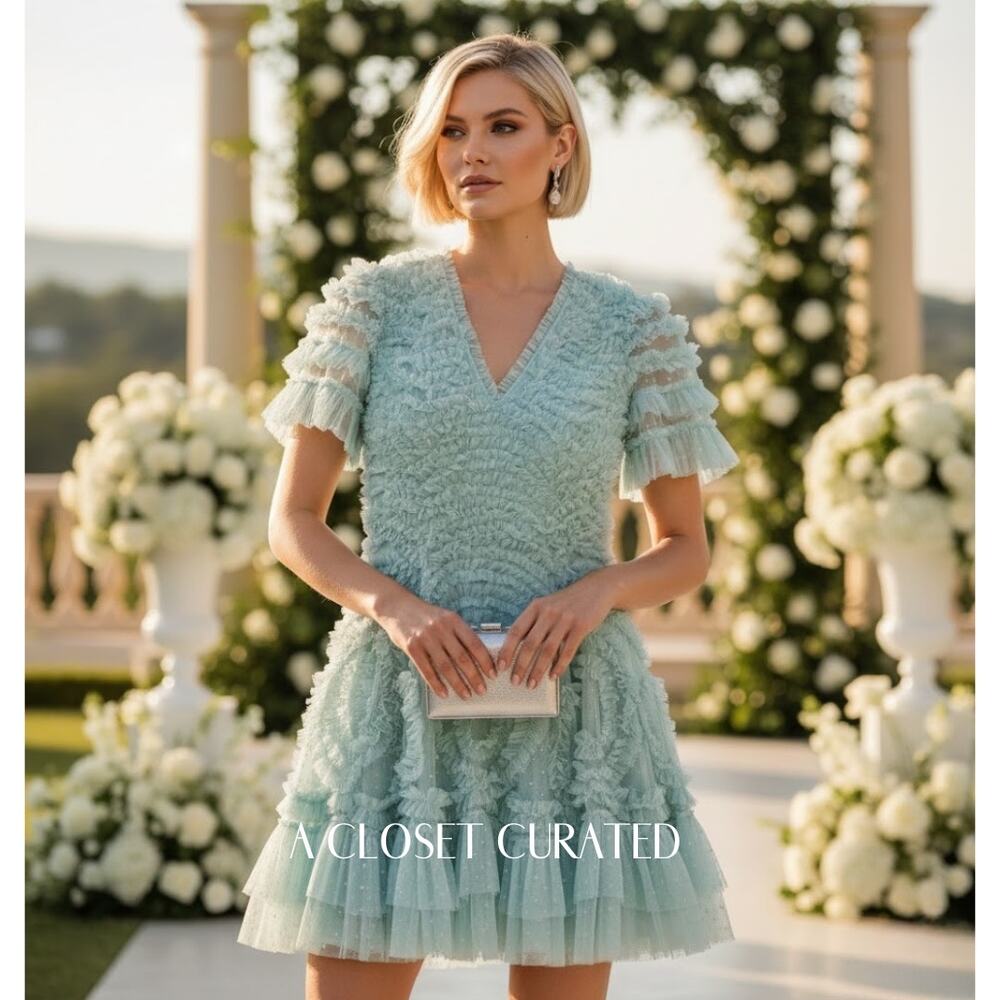 Needle & Thread Verity Ruffle Mini Dress 6 Green NEW